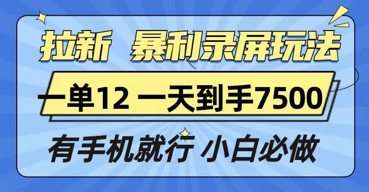 拉新暴利录屏玩法，一单12块，一天到手7500，有手机就行-冰妍网